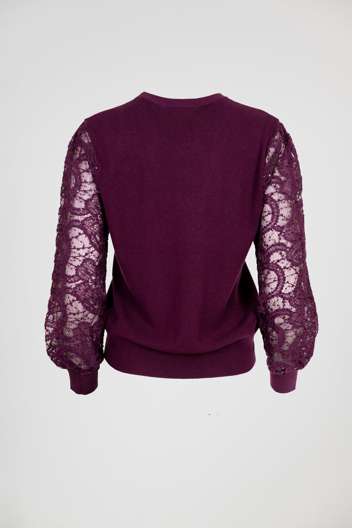 Дамска фино плетена блуза с дантелени ръкави – Burgundy Lace Knit