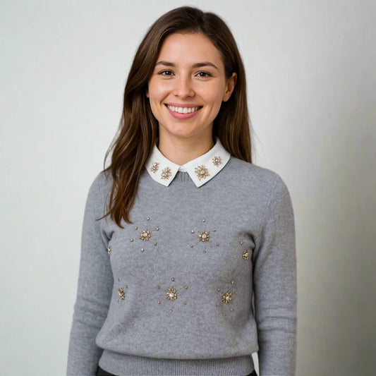 Дамски сив пуловер с бяла яка | колекция есен-зима-пуловери-6Sense