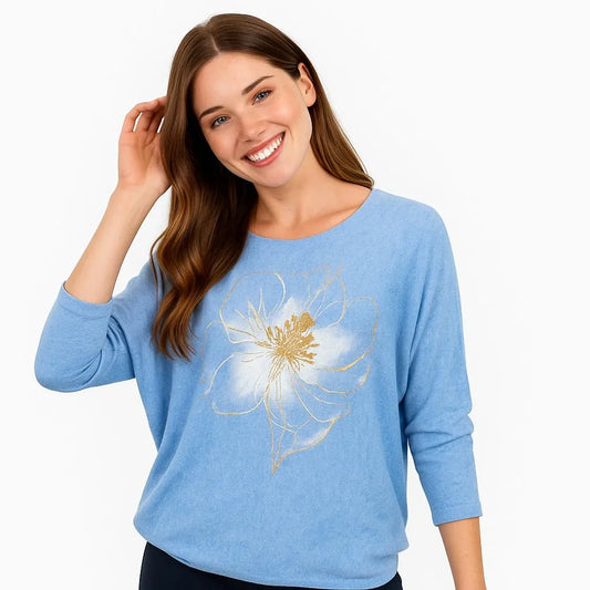 Дамски син пуловер с флорален златист акцент | колекция есен-зима 6Sense