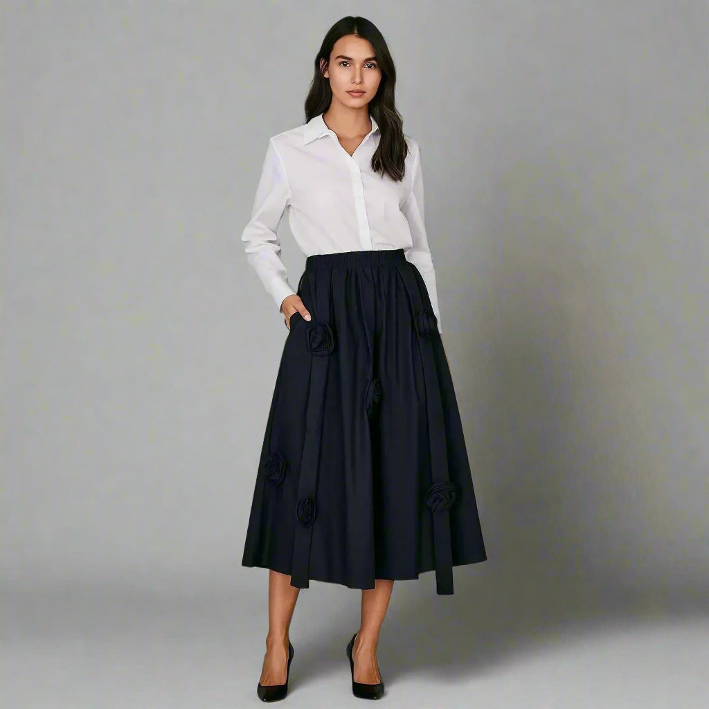 Черна миди пола с 3D рози | колекция есен-зима 6Sense