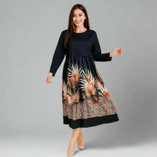 Дамска черна рокля с  леопардови акценти | колекция есен-зима 6Sense