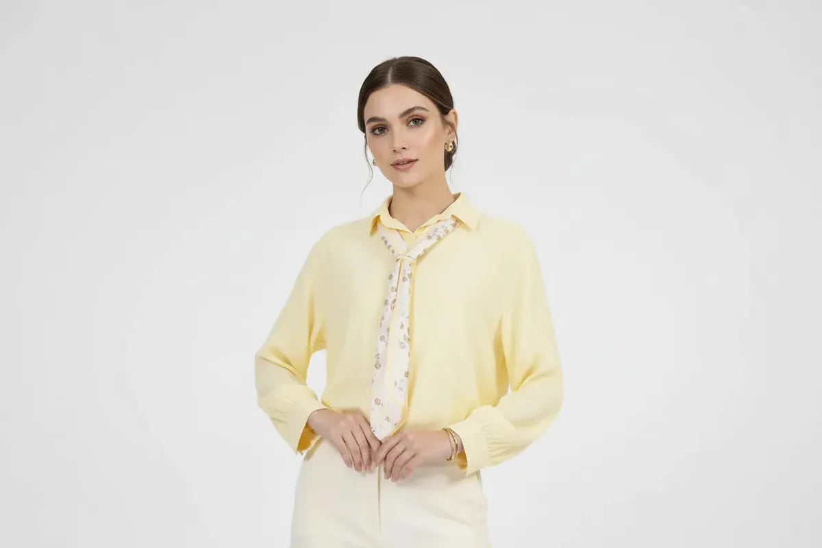 Дамска жълта риза с вратовръзка - Airy Scarf-ризи-6Sense