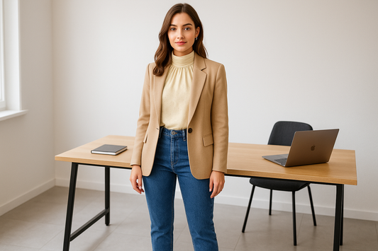 Дънки за офиса - дамска офис визия с вталено сако, финоплетена блуза и класически сини дънки с прав крачол, подходяща за бизнес ежедневие и smart casual стил.