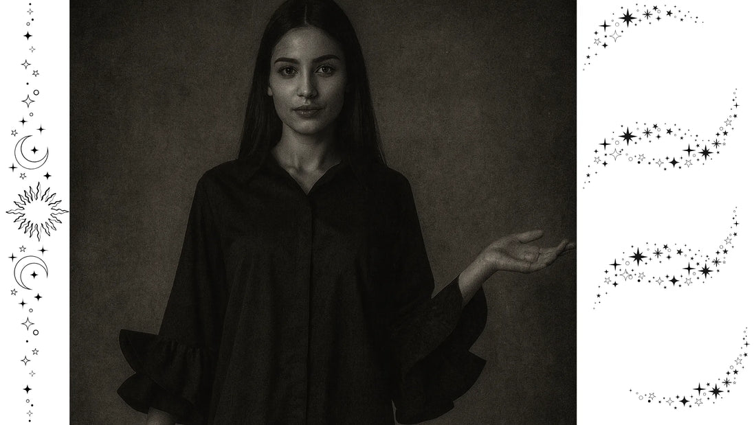 Мистична черно-бяла визия за статията „Страшни истории от модата“ – жена в тъмна риза със звездни и лунни символи, представена от 6sense.bg.