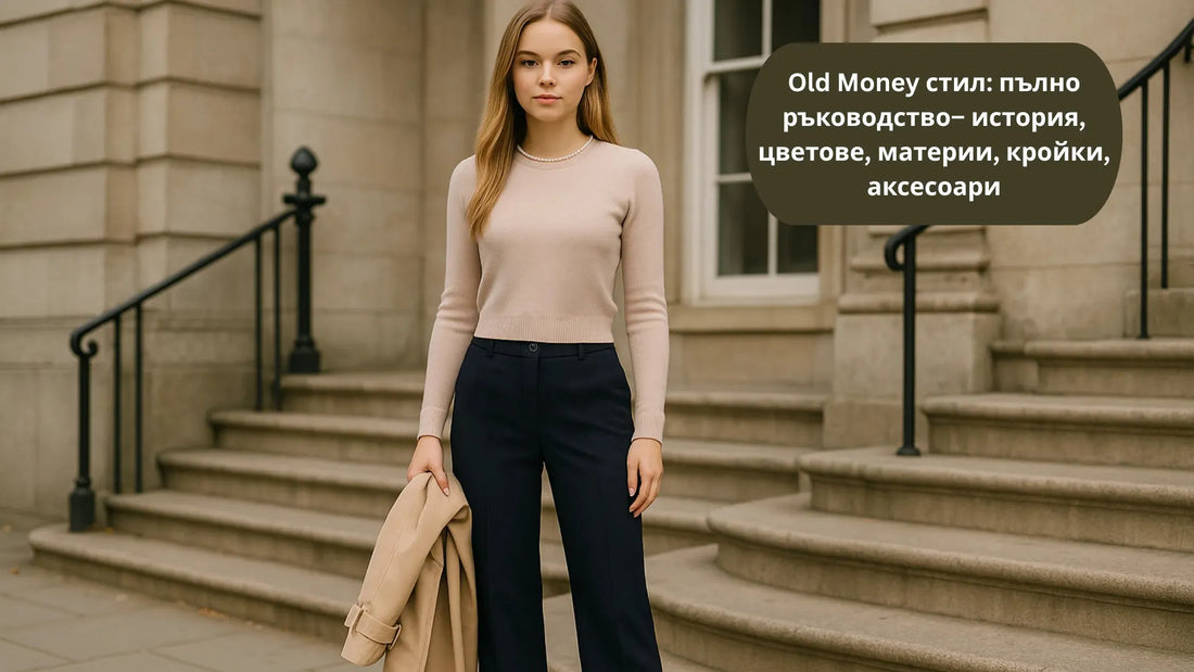 Old Money стил – млада жена с бежов пуловер с перлен кант и тъмносин панталон, държи камел палто на каменни стълби пред градска сграда.