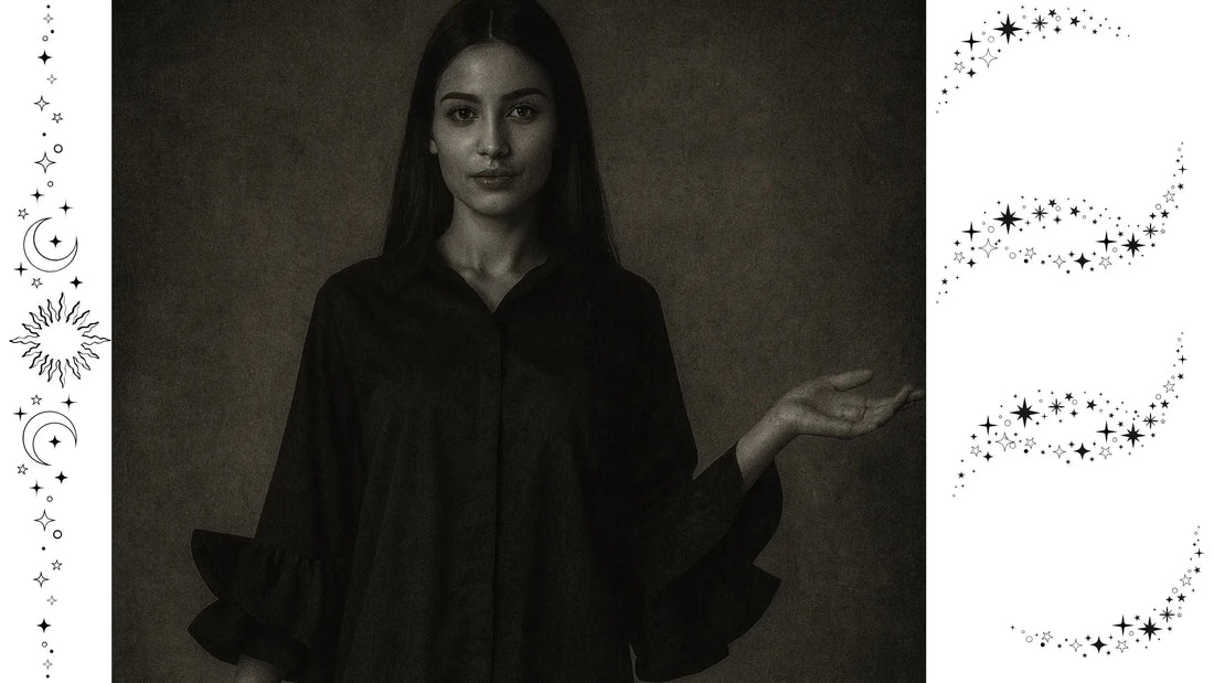 Мистична черно-бяла визия за статията „Страшни истории от модата“ – жена в тъмна риза със звездни и лунни символи, представена от 6sense.bg.