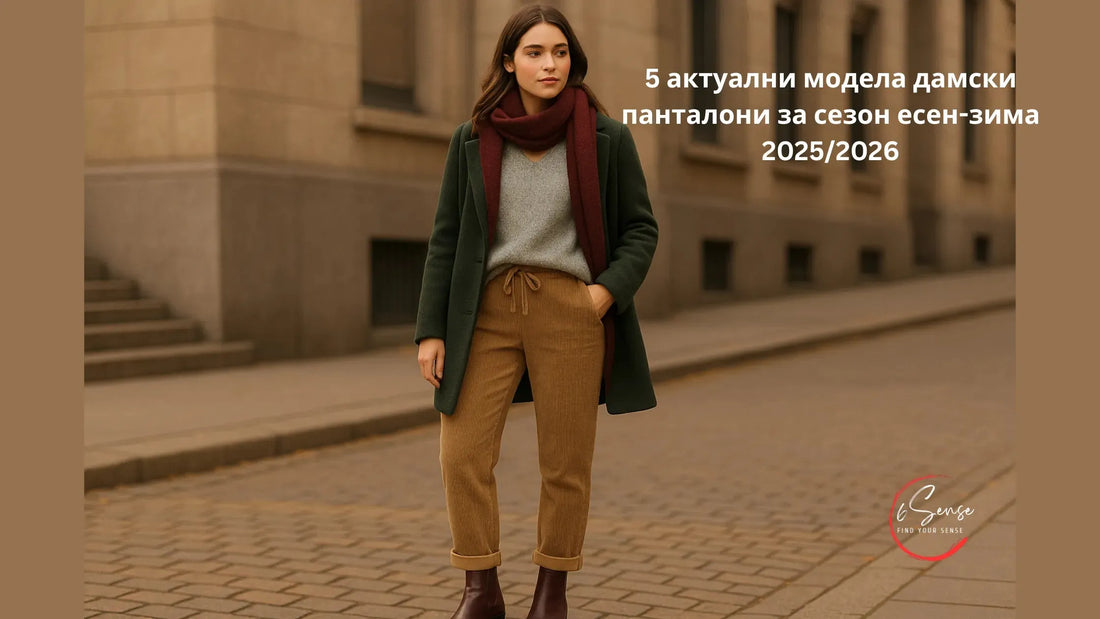 Toп 5 дамски панталони - есен-зима 2025/2026 - Дамски есенно-зимен аутфит с бежови кордурой панталони, зелено палто и бордо шал —Top 5 дамски панталони