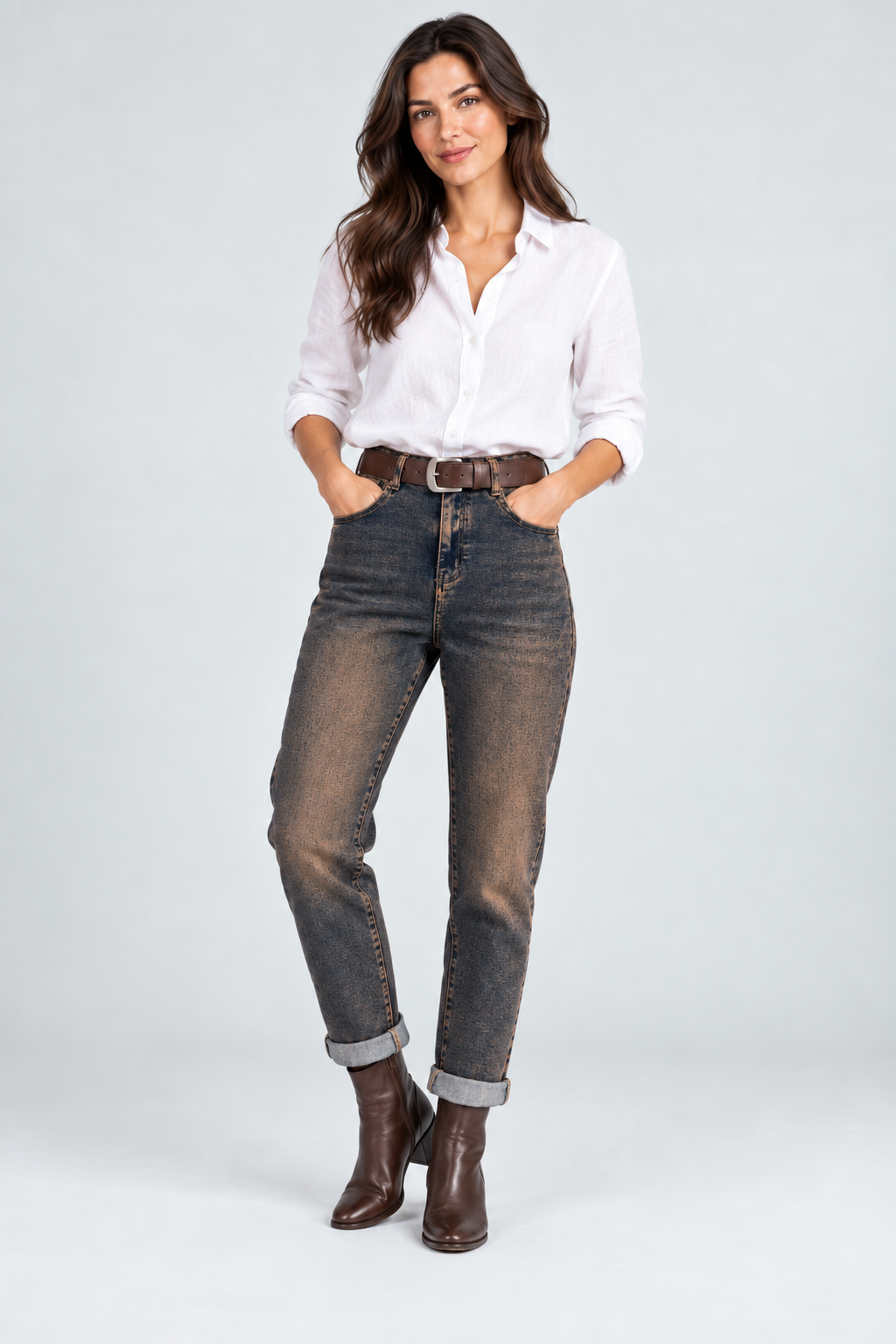 Дамски дънки с винтидж ръждив ефект и колан – Bronze Wash Denim
