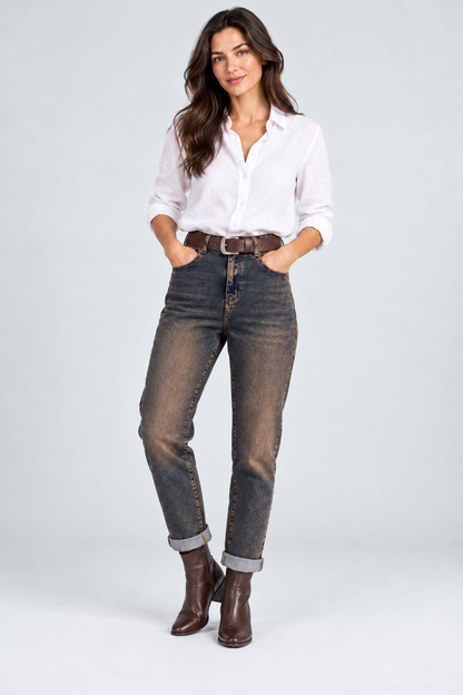 Дамски дънки с винтидж ръждив ефект и колан – Bronze Wash Denim