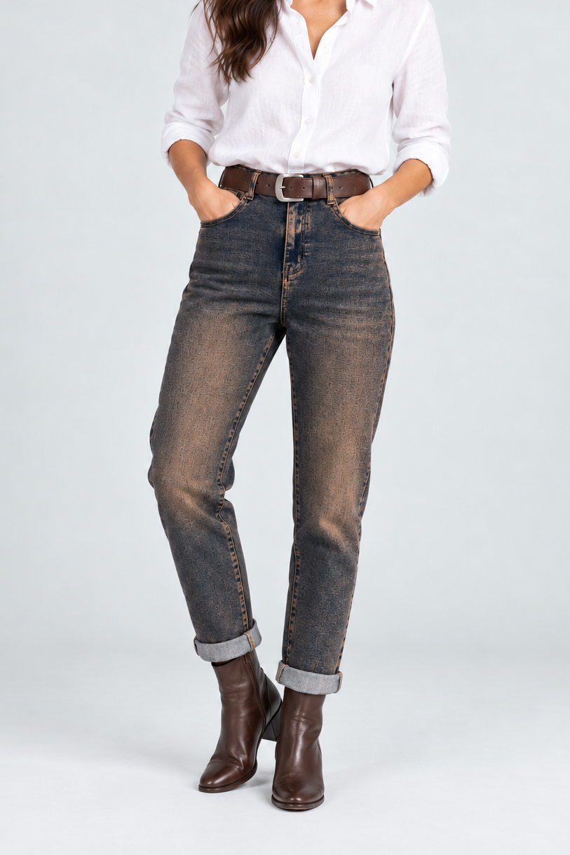Дамски дънки с винтидж ръждив ефект и колан – Bronze Wash Denim