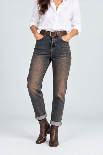 Дамски дънки с винтидж ръждив ефект и колан – Bronze Wash Denim
