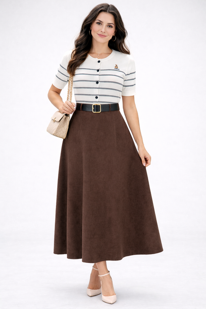 Дамска готова визия - жилетка и пола с висока талия – Cocoa Stripe Set