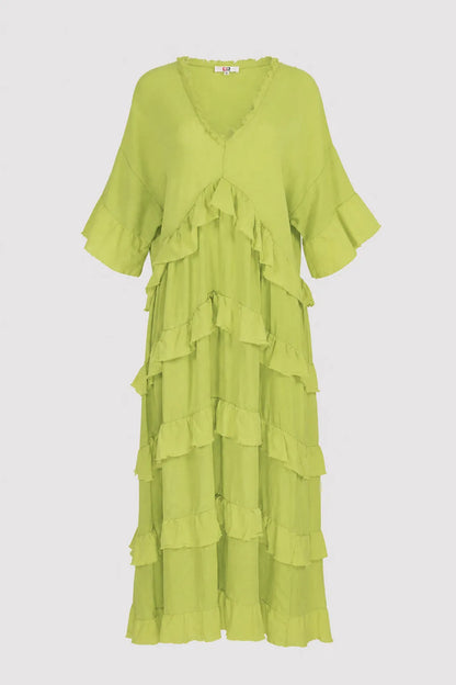 Лятна ленена лайм рокля с волани Plus Size – Citrus Muse-рокли-6Sense