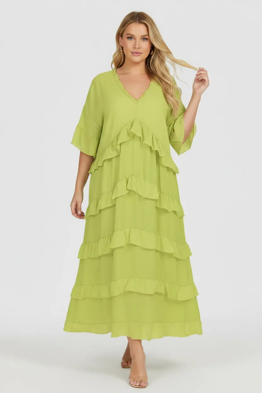 Лятна ленена лайм рокля с волани Plus Size – Citrus Muse-рокли-6Sense
