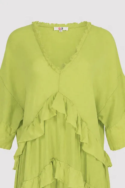 Лятна ленена лайм рокля с волани Plus Size – Citrus Muse-рокли-6Sense