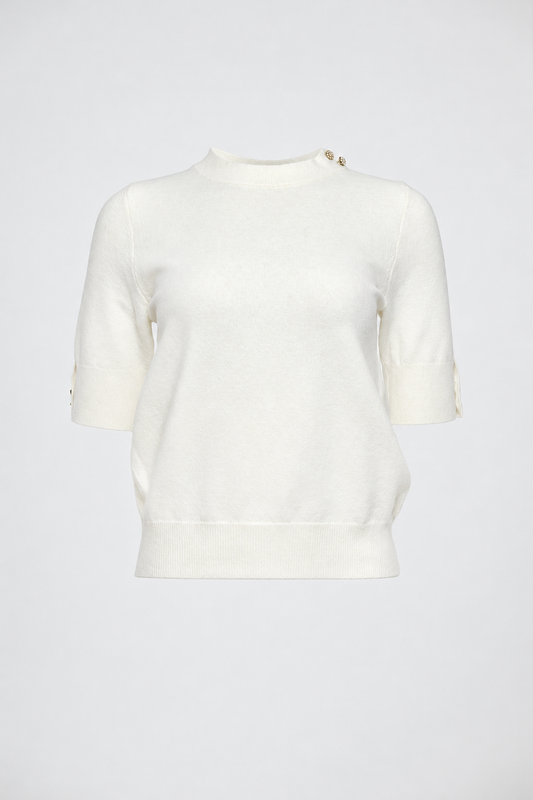 Дамска фина плетена блуза в екрю - Ivory Button Knit