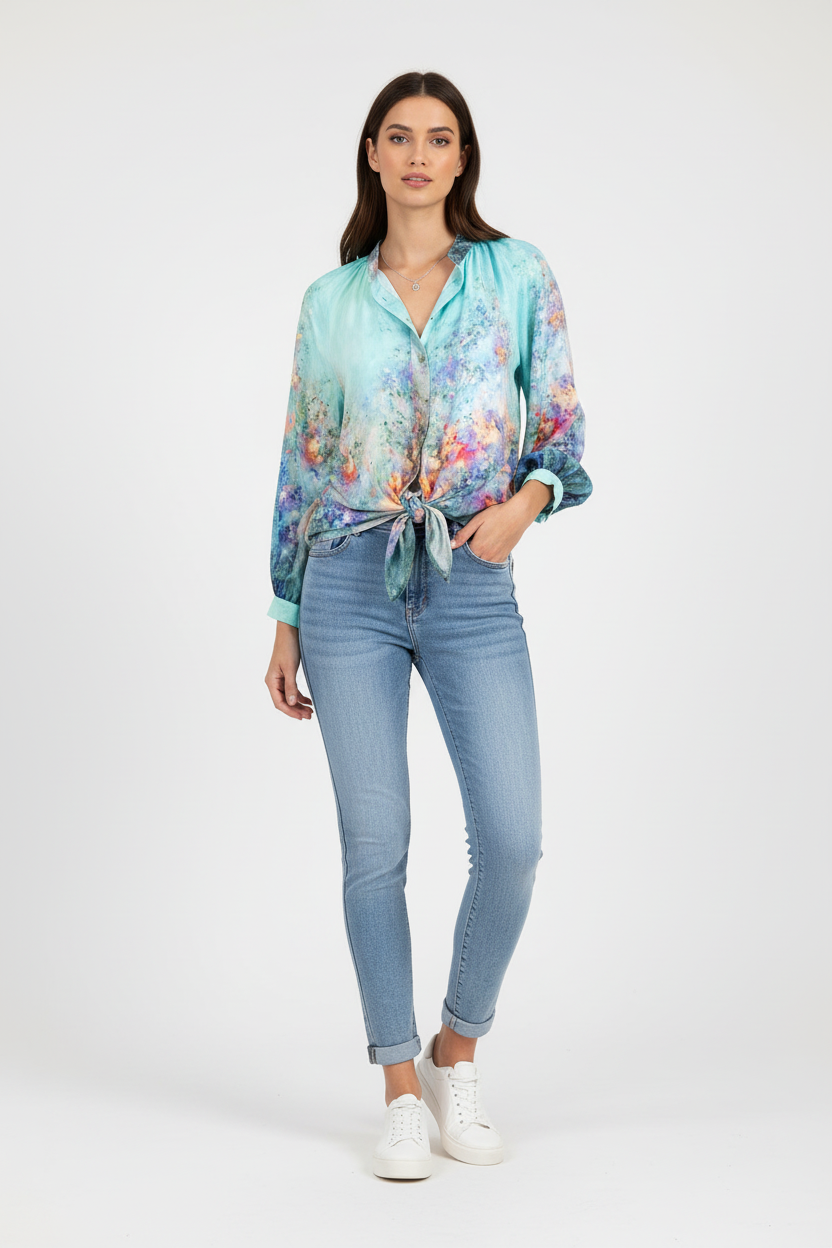 Стилна визия със светли дънки и акварелна блуза