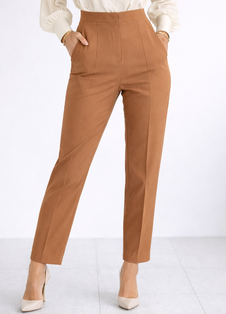 Дамска офис визия блуза с висока яка и панталон с висока талия - Cream Caramel