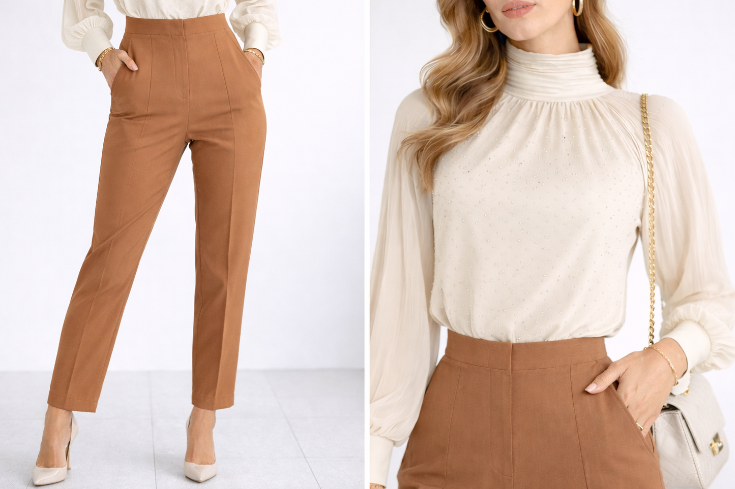 Дамска офис визия блуза с висока яка и панталон с висока талия - Cream Caramel