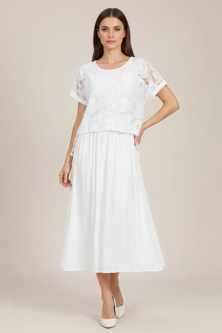 Дамска памучна бяла рокля с дантелен топ – White Lace