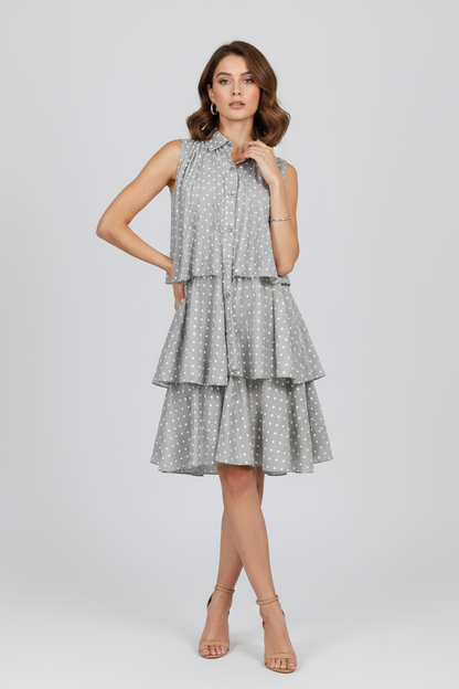 Дамска рокля на точки с волани в таупе нюанс – Lime Dots