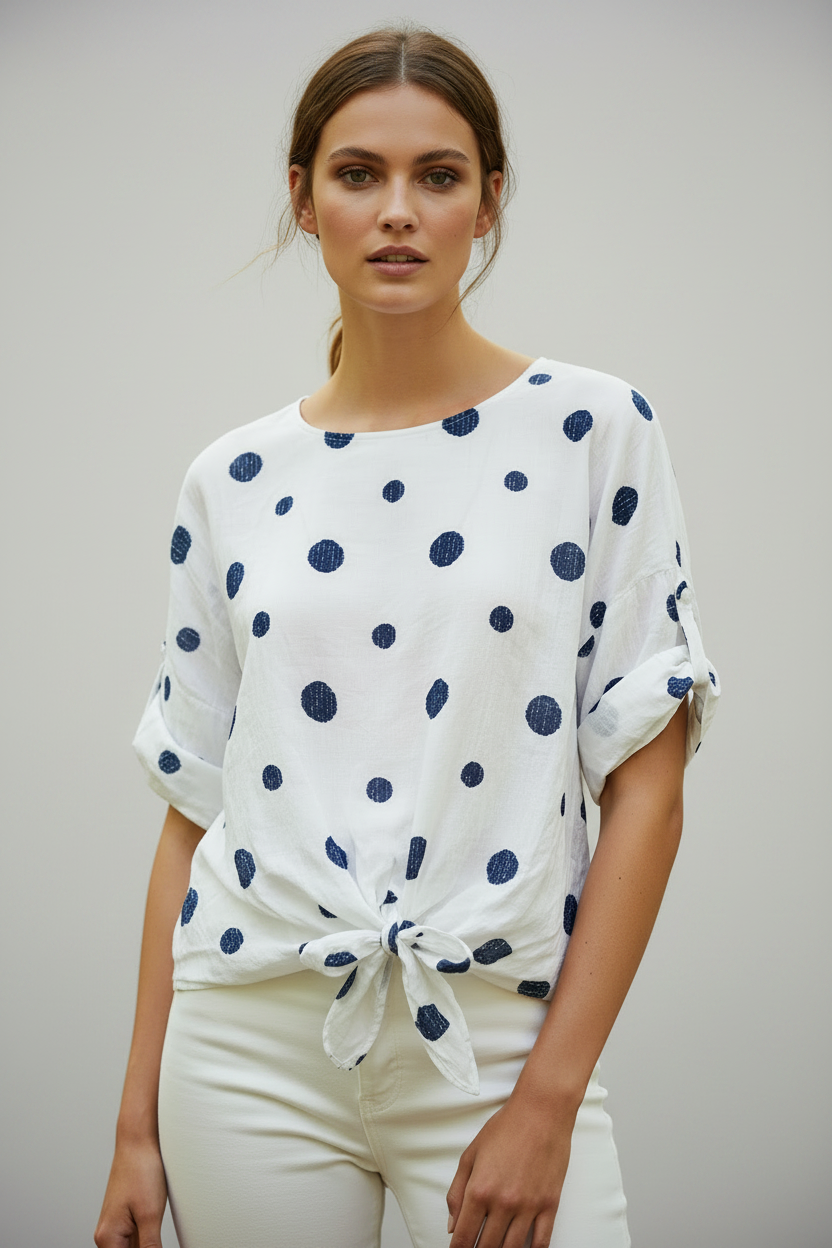 Дамска блуза с връзка и десен на точки от тенсел – Summer Dot