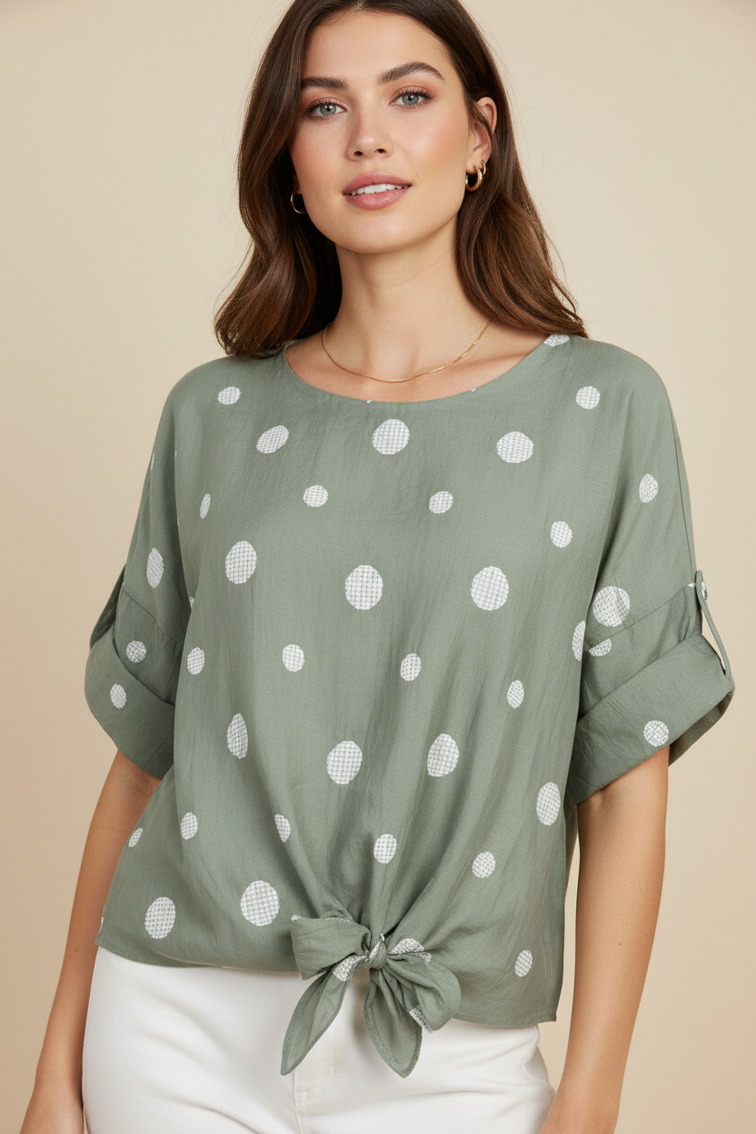 Дамска блуза с връзка и десен на точки от тенсел – Summer Dot