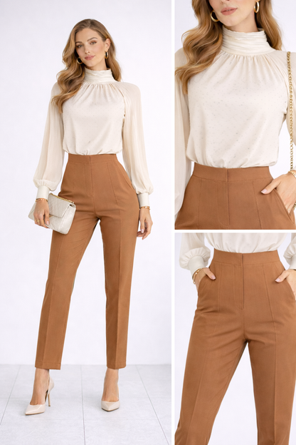 Дамска офис визия блуза с висока яка и панталон с висока талия - Cream Caramel