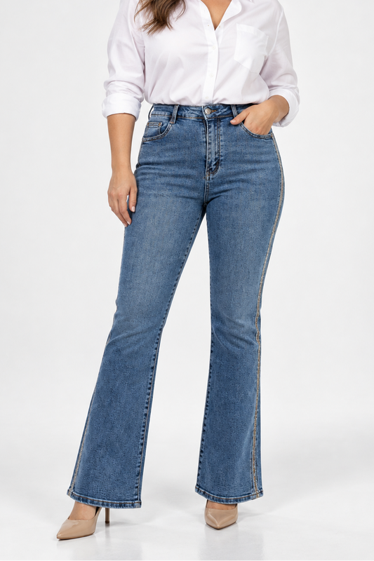 Дамски дънки тип чарлстон с декоративен кант – Blue Flare Denim