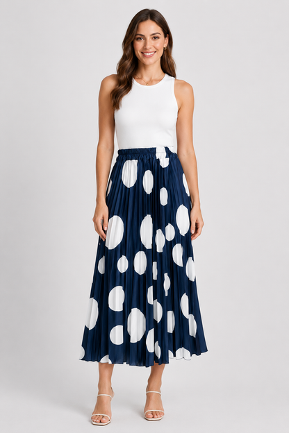 Дамска плисирана пола на точки от расо сатен – Navy Dots