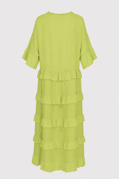 Лятна ленена лайм рокля с волани Plus Size – Citrus Muse-рокли-6Sense