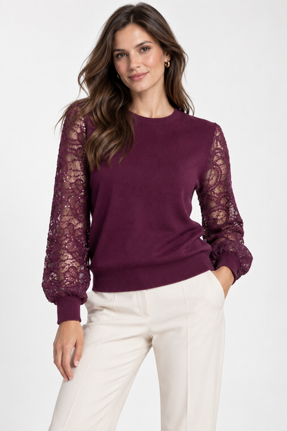 Дамска фино плетена блуза с дантелени ръкави – Burgundy Lace Knit