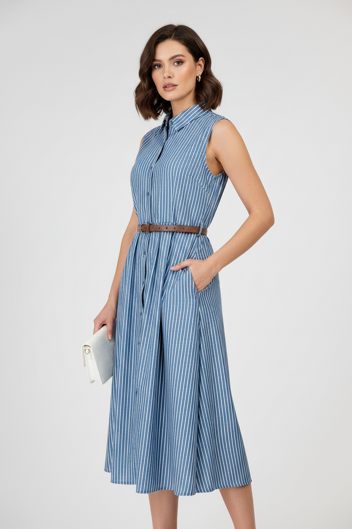 Дамска раирана рокля с колан и копчета – Blue Stripe Midi