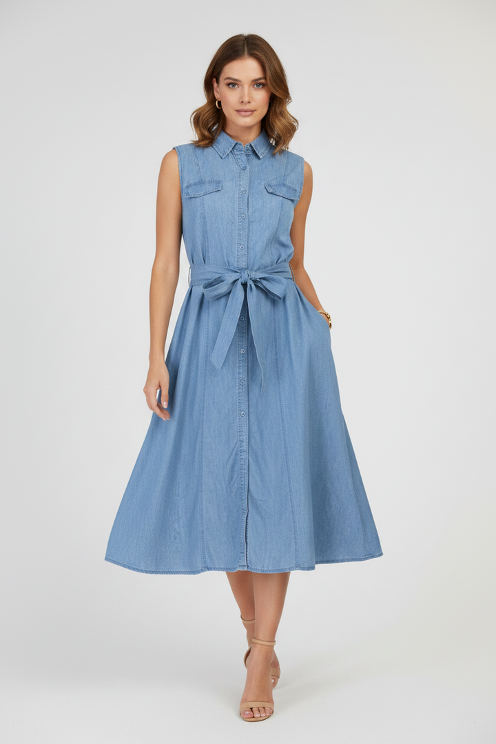 Дънкова рокля без ръкав с колан и копчета – Cotton Denim Shape