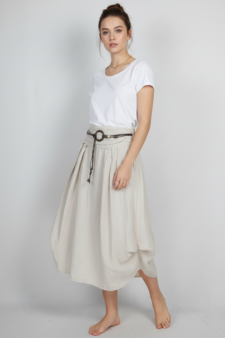Светло бежова ленена пола с регулируема форма – Sand Linen Flow