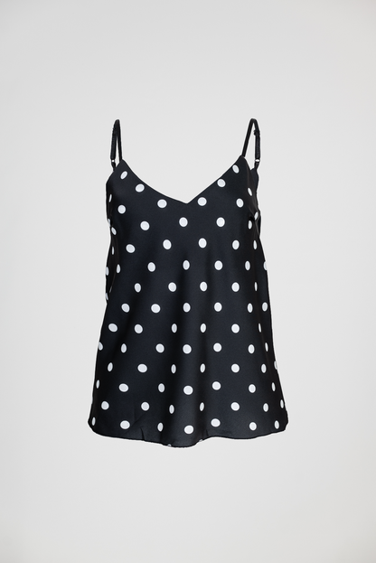 Сатениран дамски топ в черно на точки - Polka Chic