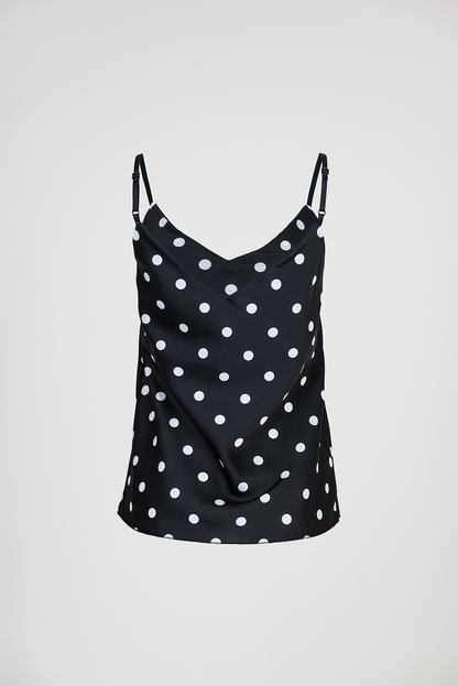 Сатениран дамски топ в черно на точки - Polka Chic