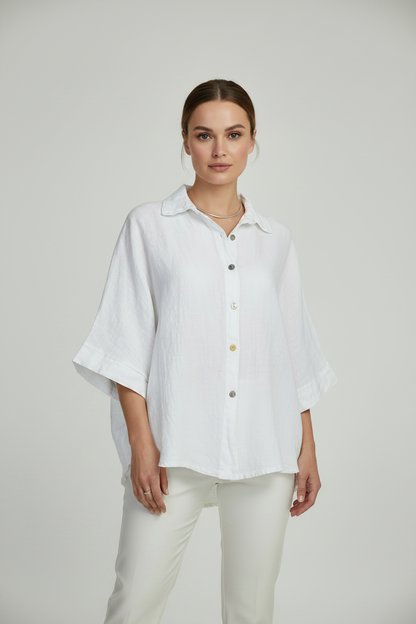 Дамска бяла ленена риза със свободна кройка – Pure Linen