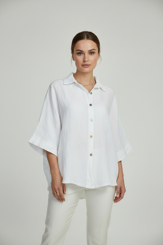 Дамска бяла ленена риза със свободна кройка – Pure Linen