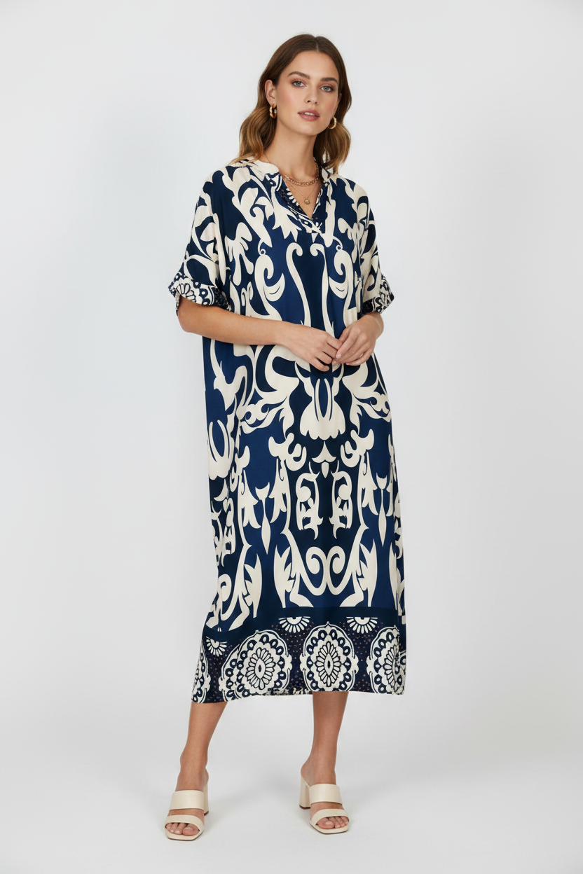 Права миди рокля в тъмносиньо с орнаменти - Plus size - Royal Blue
