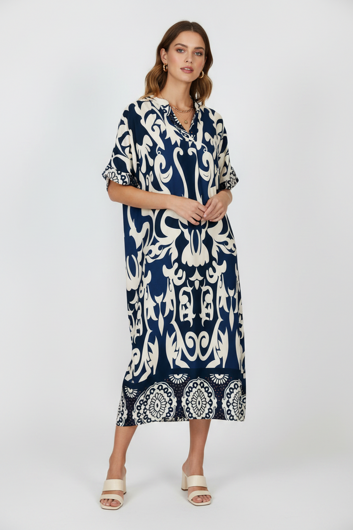 Права миди рокля в тъмносиньо с орнаменти - Plus size - Royal Blue