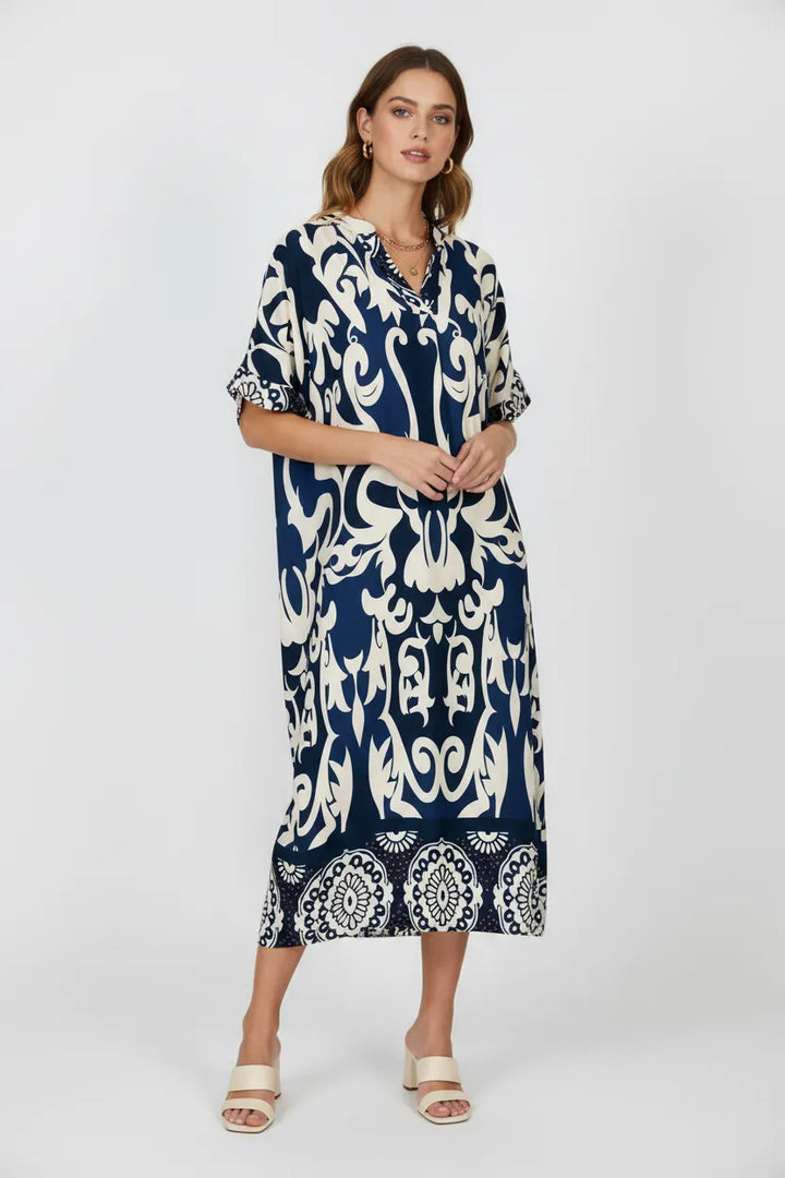 Права миди рокля в тъмносиньо с орнаменти - Plus size - Royal Blue