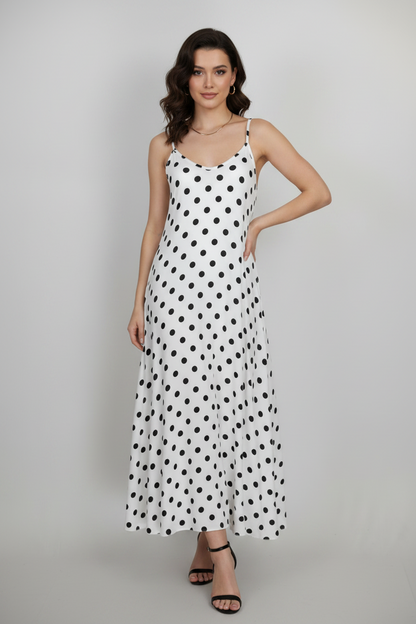 Бяла рокля на точки с презрамки  – Ivory Dots