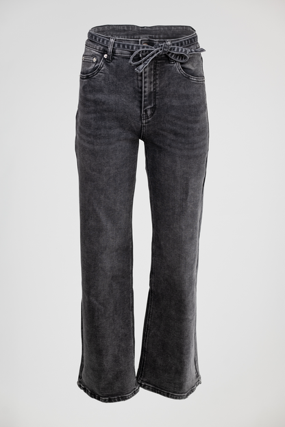 Дамски черни дънки с широк крачол и колан – Noir Wide Denim