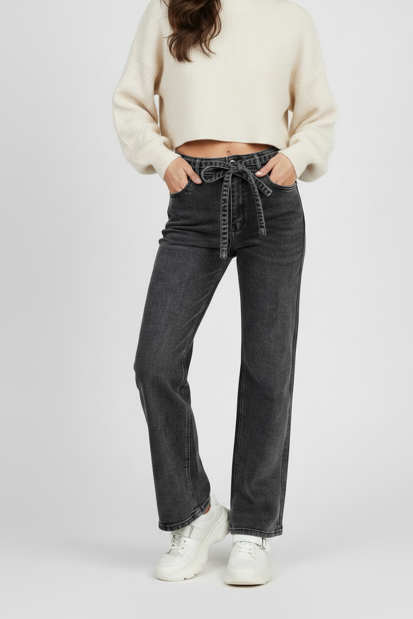 Дамски черни дънки с широк крачол и колан – Noir Wide Denim