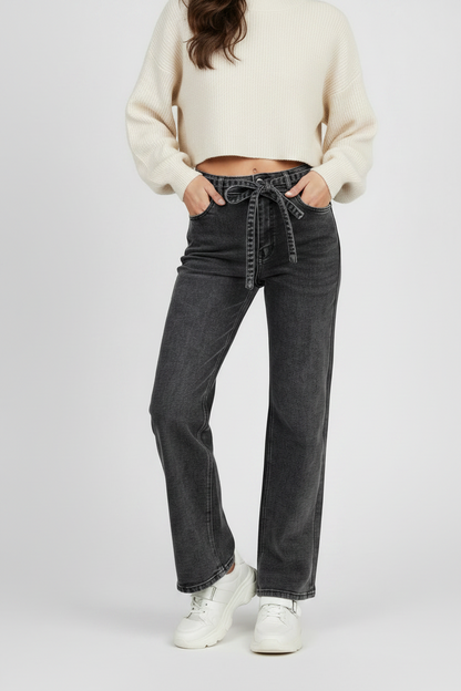 Дамски черни дънки с широк крачол и колан – Noir Wide Denim