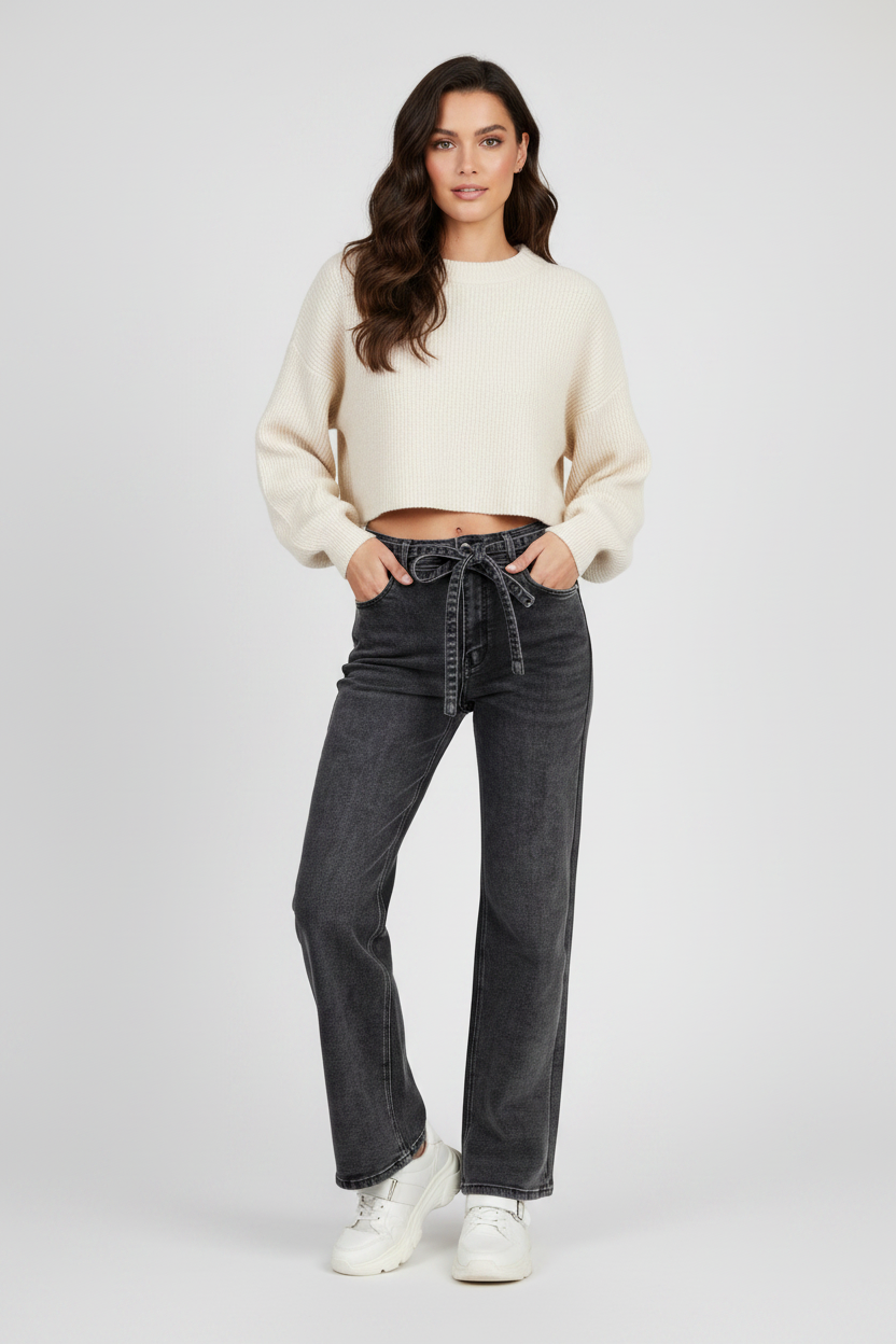 Дамски черни дънки с широк крачол и колан – Noir Wide Denim