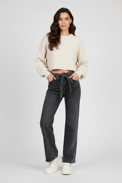 Дамски черни дънки с широк крачол и колан – Noir Wide Denim