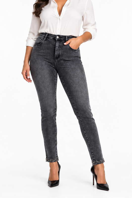 Дамски графитени дънки със слим кройка и камъни – Grey Crystal Denim