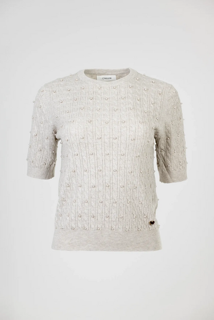 Дамска фина плетена блуза с къс ръкав в екрю – Pearl Knit